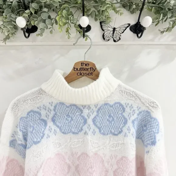 Vintage 80s/90s Pastel Floral Acrylic Mock Neck Sweater 1-650 cottagecore - Picture 2 of 4